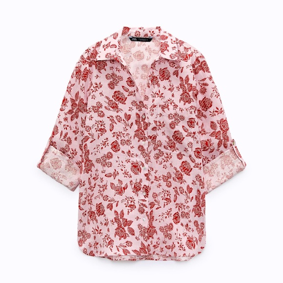 ZARA Pink & Red Hawaiian Floral Linen Shirt - Picture 6 of 8